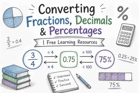 Converting fractions decimals and percentages explained with examples like 1/2 equals 0.5 equals 50 percent educational chart