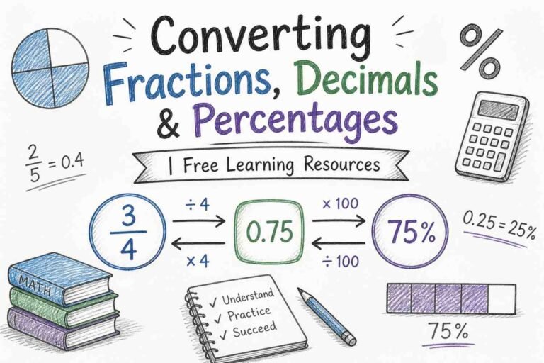 Converting fractions decimals and percentages explained with examples like 1/2 equals 0.5 equals 50 percent educational chart