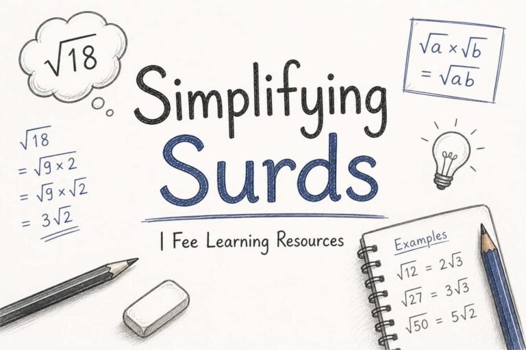 Simplifying surds educational banner with free learning resources from RevisionTown showing √72 = 6√2 step-by-step