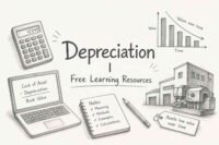 Depreciation guide illustration with free learning resources from RevisionTown, showing asset value decline