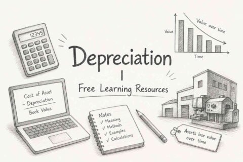Depreciation guide illustration with free learning resources from RevisionTown, showing asset value decline