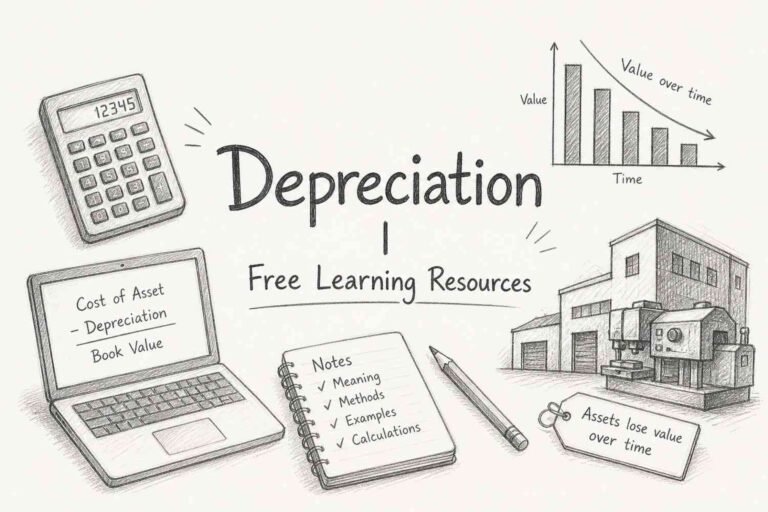 Depreciation guide illustration with free learning resources from RevisionTown, showing asset value decline