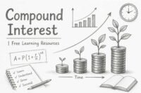 Compound interest illustration showing exponential growth formula, stacked coins and financial graph for free learning resources by RevisionTown