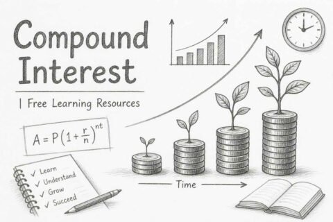 Compound interest illustration showing exponential growth formula, stacked coins and financial graph for free learning resources by RevisionTown