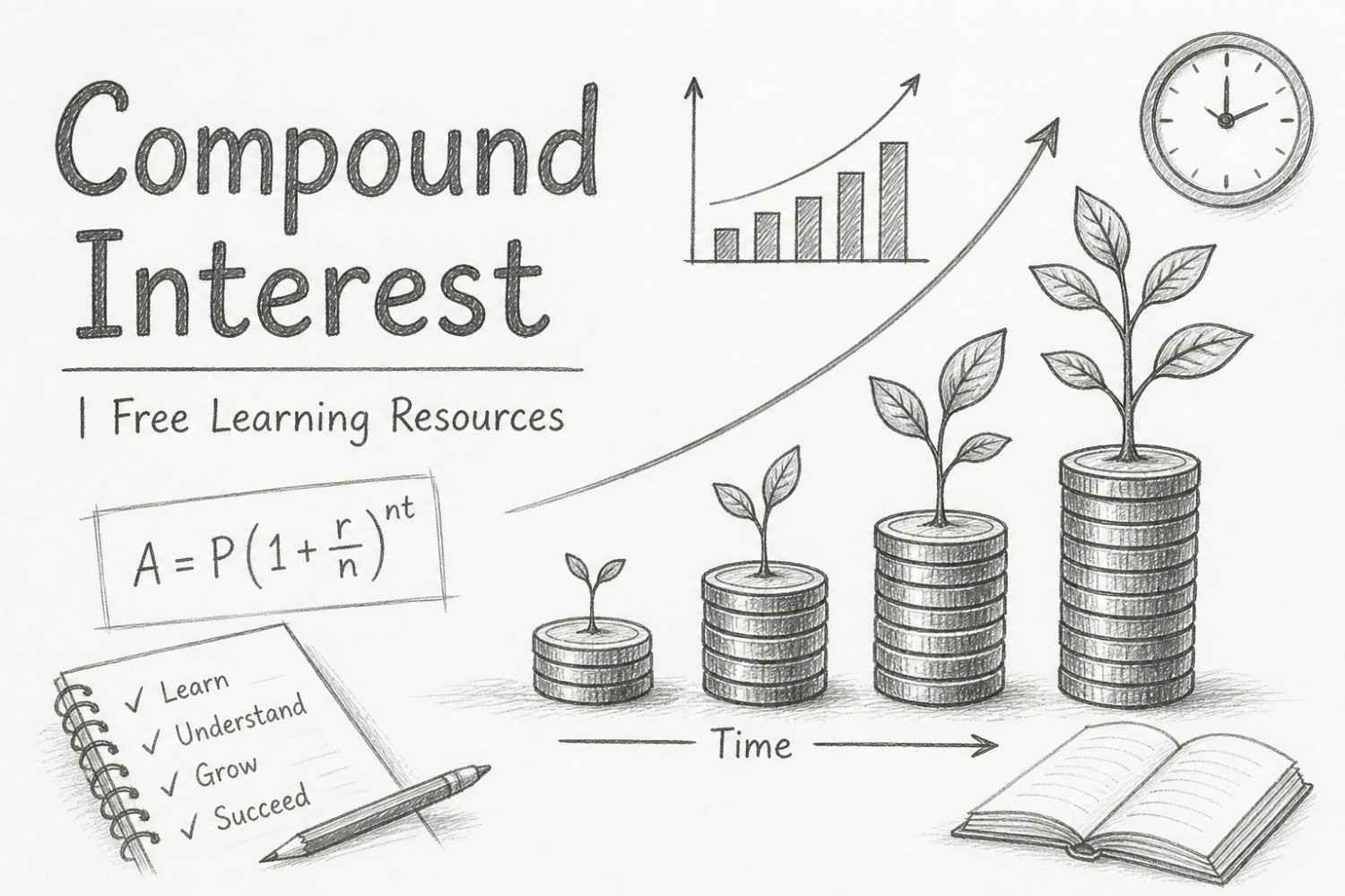 Compound interest illustration showing exponential growth formula, stacked coins and financial graph for free learning resources by RevisionTown