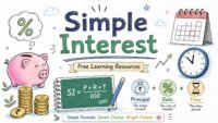 Simple Interest formula explained with calculator coins and financial learning illustration for students