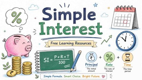 Simple Interest formula explained with calculator coins and financial learning illustration for students