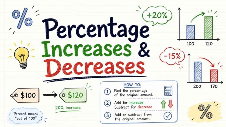 Percentage increases and decreases explained with arrows, graphs, and formulas for math learning