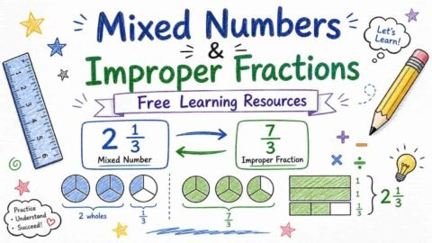 Mixed numbers and improper fractions explained with visual examples showing conversion between 1 1/2 and 3/2 for easy math learning