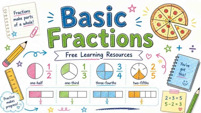 Basic fractions visual with pie charts and fraction examples for easy math learning