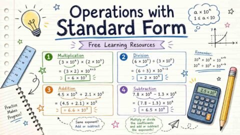 Infographic showing operations with standard form math examples, free learning resources from RevisionTown, whiteboard with multiplication and addition in scientific notation
