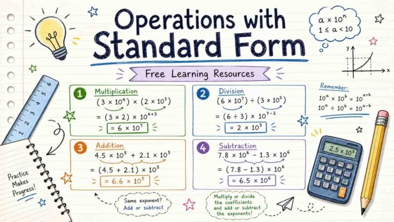 Infographic showing operations with standard form math examples, free learning resources from RevisionTown, whiteboard with multiplication and addition in scientific notation