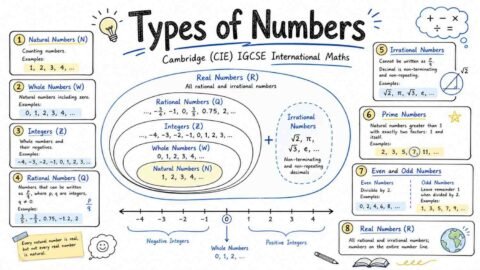 Types of numbers chart including natural, whole, integers, rational, irrational and real numbers for CIE IGCSE maths
