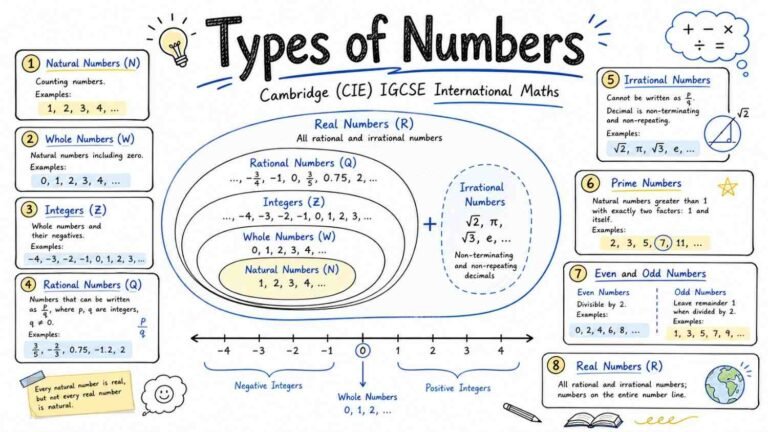 Types of numbers chart including natural, whole, integers, rational, irrational and real numbers for CIE IGCSE maths