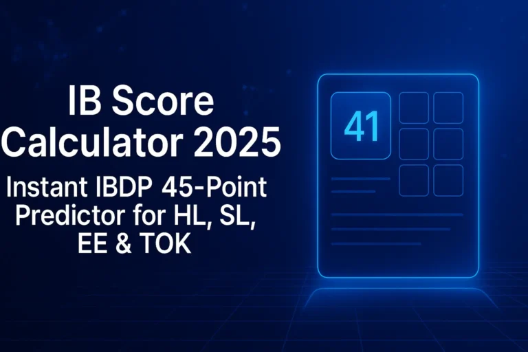 Blue tech-style cover image with glowing tablet icon displaying “41” and headline text “IB Score Calculator 2025