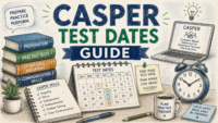 Hand-drawn CASPer Test Dates Guide feature image with calendar, study books, laptop, communication skills notes, and medical school preparation illustrations