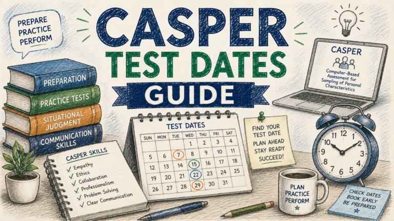 Hand-drawn CASPer Test Dates Guide feature image with calendar, study books, laptop, communication skills notes, and medical school preparation illustrations