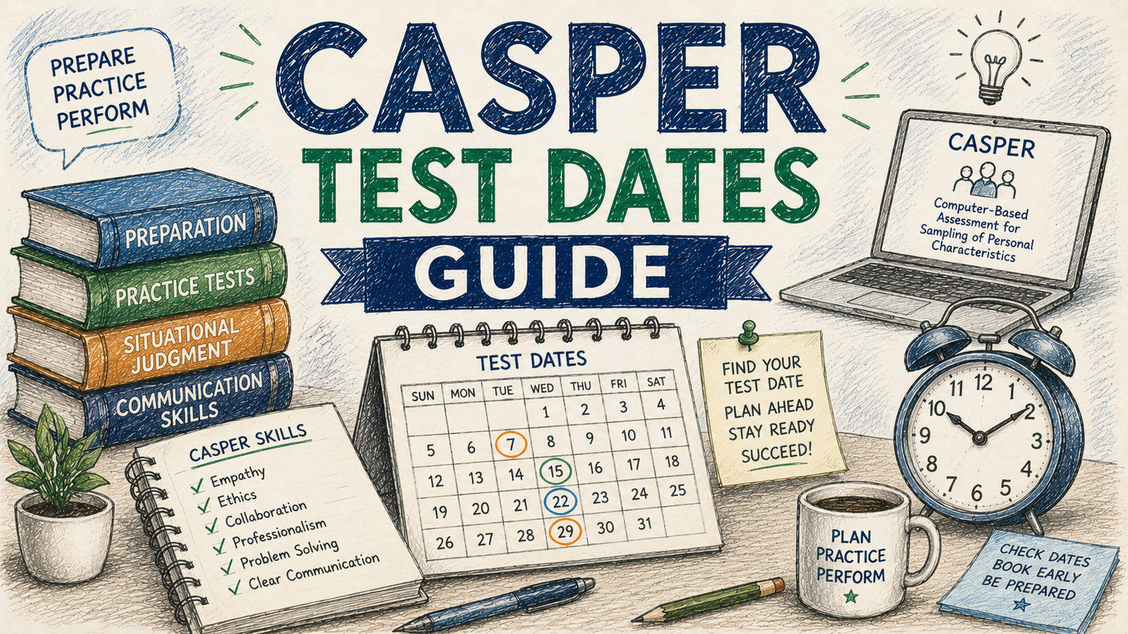 Hand-drawn CASPer Test Dates Guide feature image with calendar, study books, laptop, communication skills notes, and medical school preparation illustrations