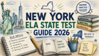 Hand-drawn New York ELA State Test Guide 2026 feature image with books, reading and writing skills, Statue of Liberty, and exam preparation illustrations