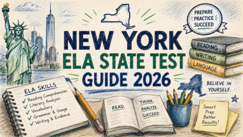 Hand-drawn New York ELA State Test Guide 2026 feature image with books, reading and writing skills, Statue of Liberty, and exam preparation illustrations