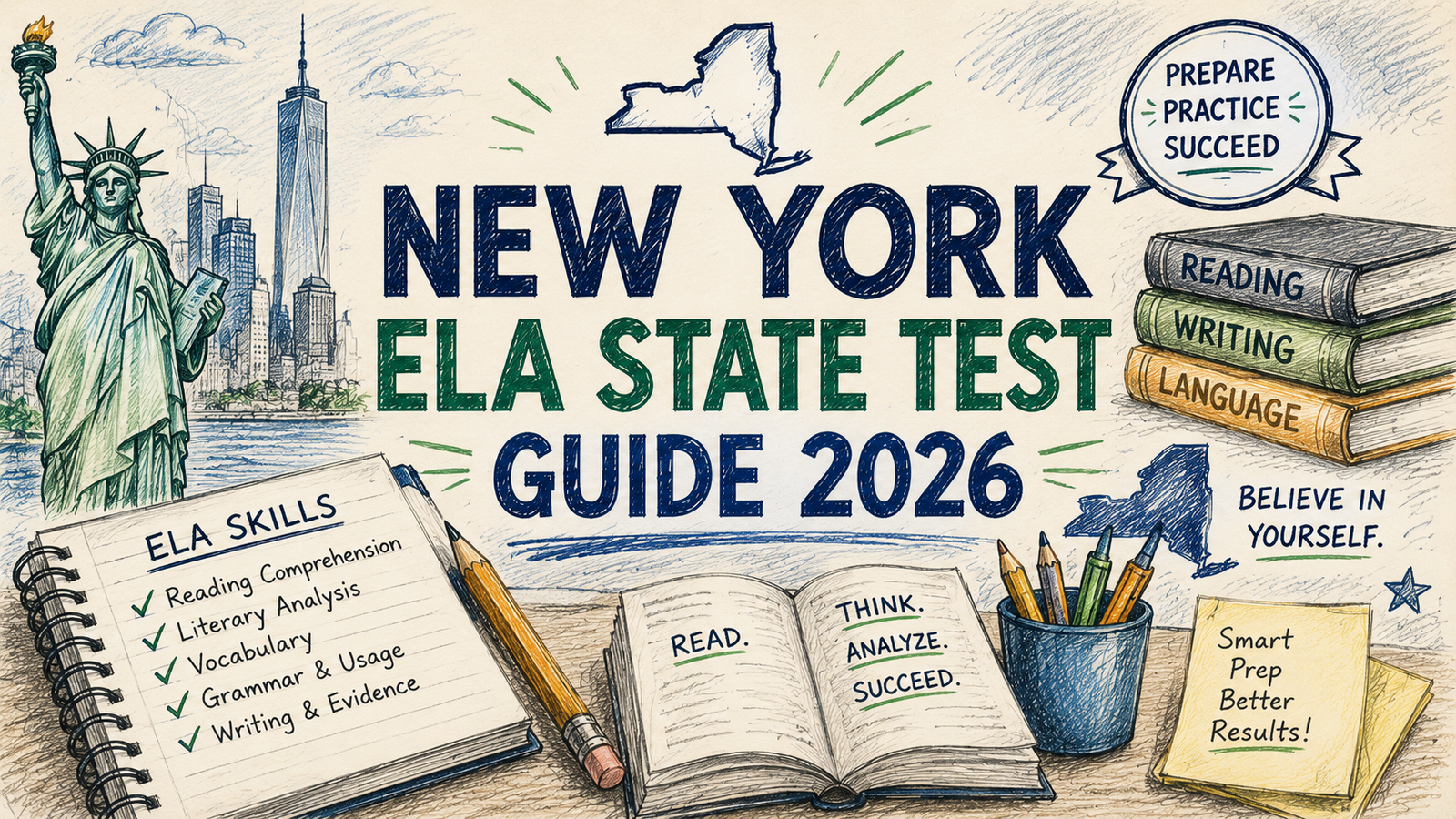 Hand-drawn New York ELA State Test Guide 2026 feature image with books, reading and writing skills, Statue of Liberty, and exam preparation illustrations