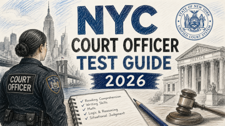 NYC Court Officer Test Guide 2026 hand-drawn feature image showing New York court officer, courthouse, gavel, and exam preparation concepts