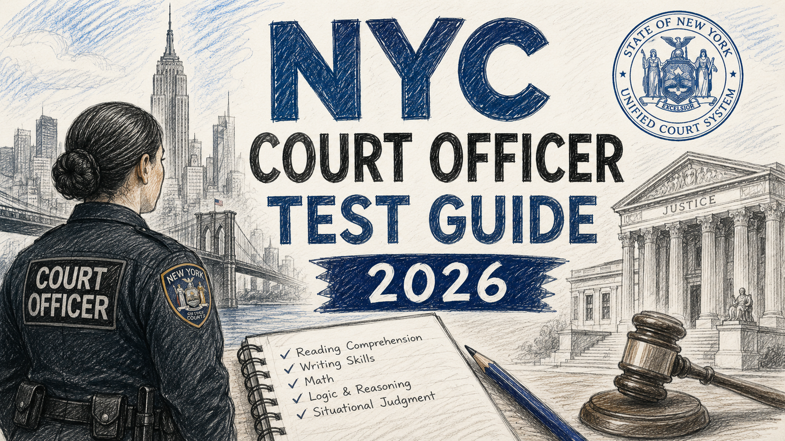 NYC Court Officer Test Guide 2026 hand-drawn feature image showing New York court officer, courthouse, gavel, and exam preparation concepts