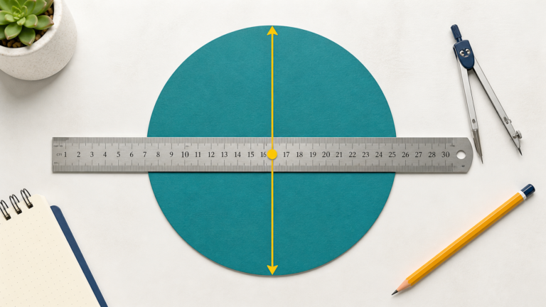 Circle diameter measured across its center using a ruler and a double-headed arrow