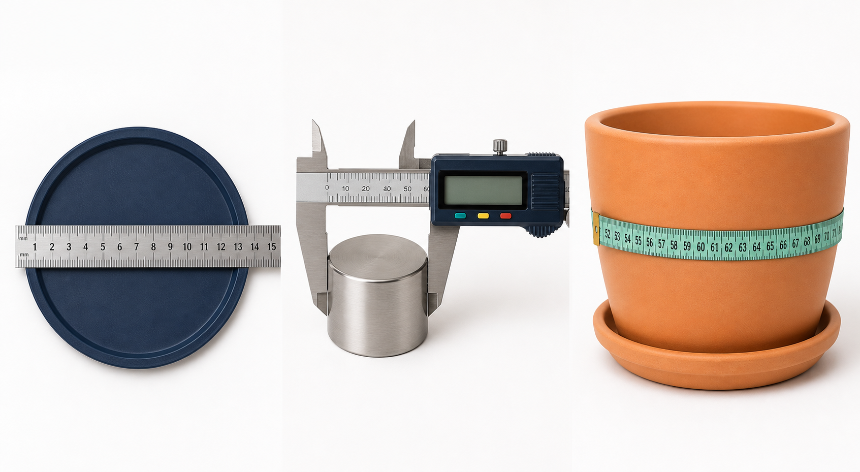 Three practical ways to determine diameter using a ruler, digital caliper, and flexible measuring tape