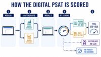 Digital PSAT scoring diagram showing adaptive modules, IRT scoring, section scores, total score, and Selection Index