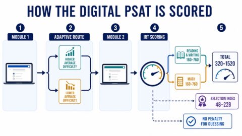 Digital PSAT scoring diagram showing adaptive modules, IRT scoring, section scores, total score, and Selection Index