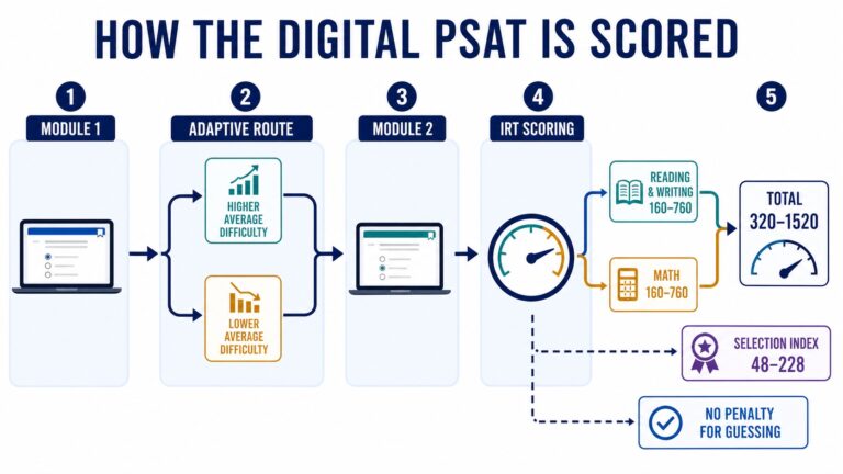Digital PSAT scoring diagram showing adaptive modules, IRT scoring, section scores, total score, and Selection Index