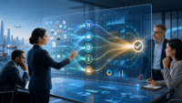 Business team using a large data dashboard to turn customer, operations and finance data into a decision