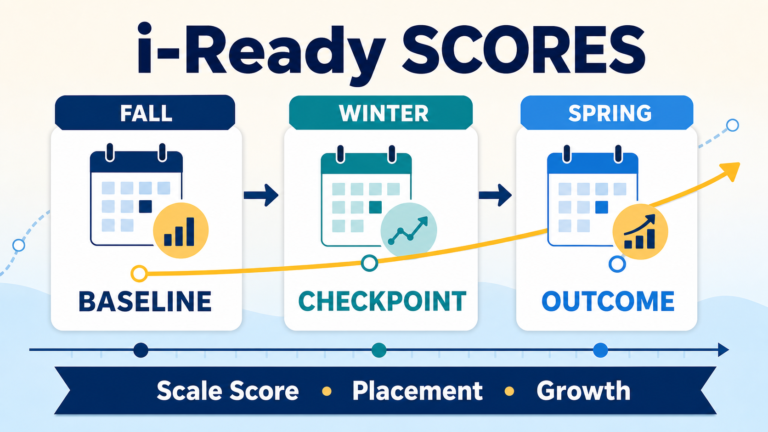 i-Ready fall, winter, and spring scores shown as baseline, checkpoint, and outcome
