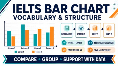 IELTS bar chart vocabulary and four-paragraph Task 1 structure diagram