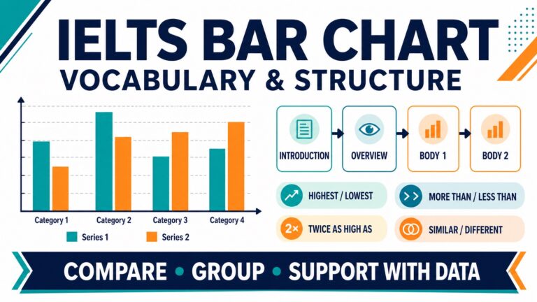 IELTS bar chart vocabulary and four-paragraph Task 1 structure diagram
