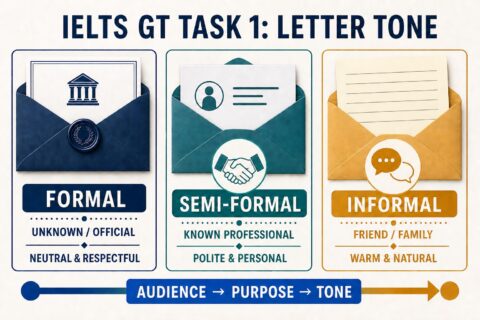 IELTS General Training Task 1 formal semi-formal and informal letter tone comparison