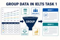 IELTS Task 1 data-grouping diagram showing time similarity contrast and rank flowing into two body paragraphs