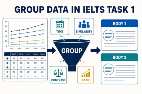 IELTS Task 1 data-grouping diagram showing time similarity contrast and rank flowing into two body paragraphs