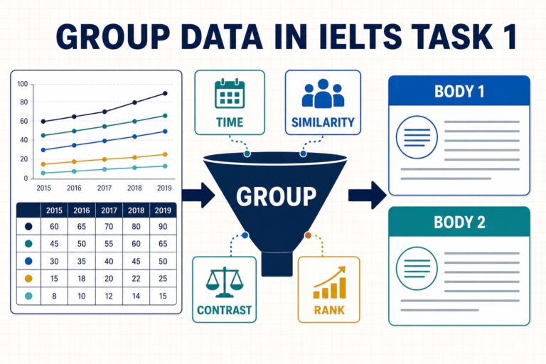 IELTS Task 1 data-grouping diagram showing time similarity contrast and rank flowing into two body paragraphs