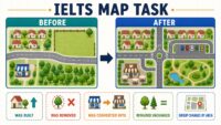 IELTS map task before and after vocabulary with town redevelopment diagram