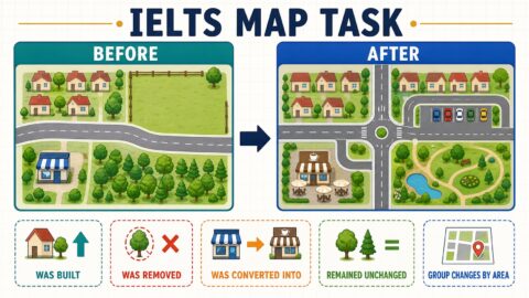 IELTS map task before and after vocabulary with town redevelopment diagram