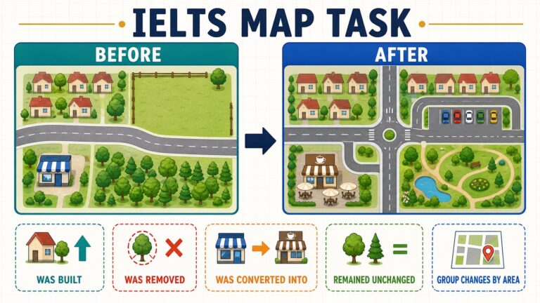 IELTS map task before and after vocabulary with town redevelopment diagram