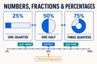 IELTS Task 1 vocabulary infographic comparing 25 percent one quarter 50 percent half and 75 percent three quarters