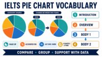 IELTS pie chart vocabulary and four-paragraph Task 1 structure diagram