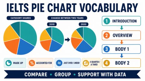 IELTS pie chart vocabulary and four-paragraph Task 1 structure diagram