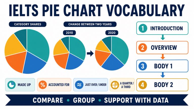 IELTS pie chart vocabulary and four-paragraph Task 1 structure diagram