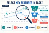 IELTS Task 1 key-feature selection diagram showing trends extremes contrasts and exceptions