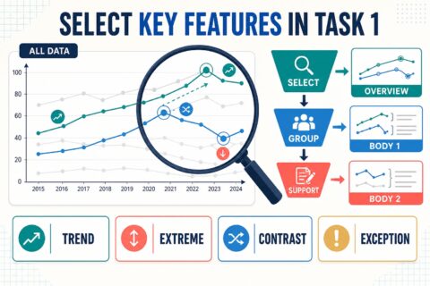 IELTS Task 1 key-feature selection diagram showing trends extremes contrasts and exceptions
