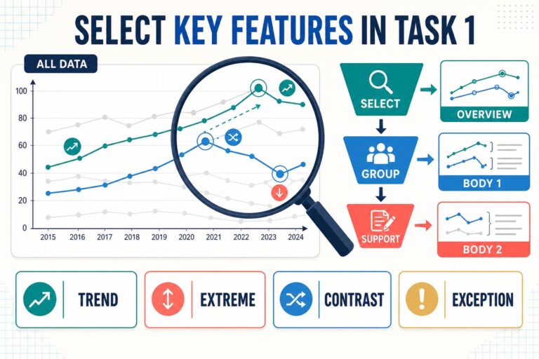 IELTS Task 1 key-feature selection diagram showing trends extremes contrasts and exceptions